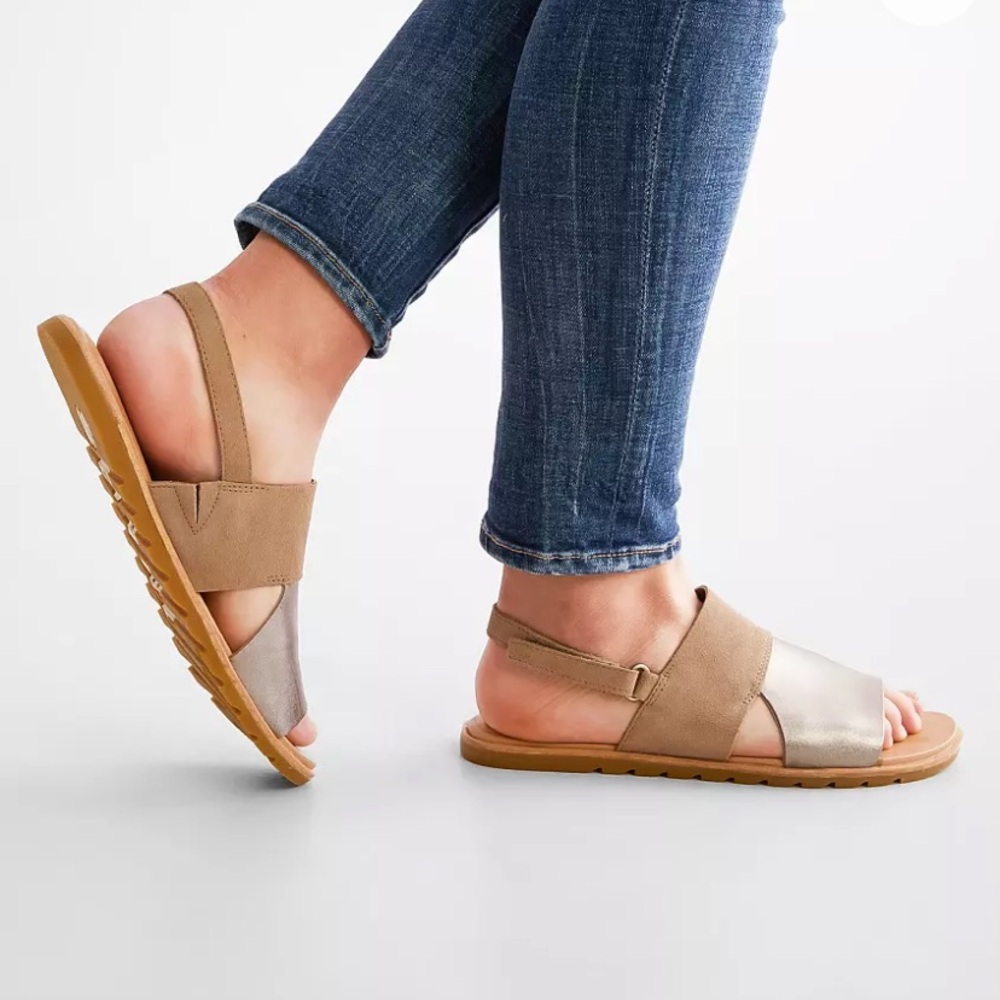 Sorel Ella ll Leather Two-Tone Slingback Sandals Women Sz 8.5 Tan Casual Neutral